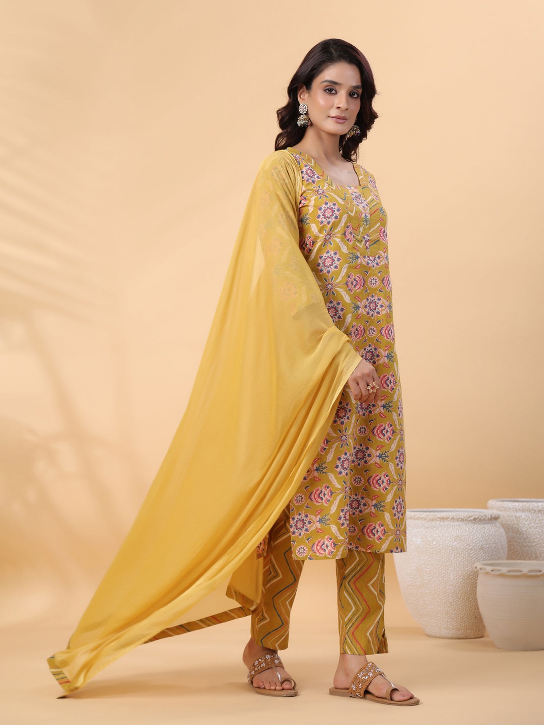 Janasya Straight Cambric Mustard Floral V-Neck Kurta,Bottom & Dupatta