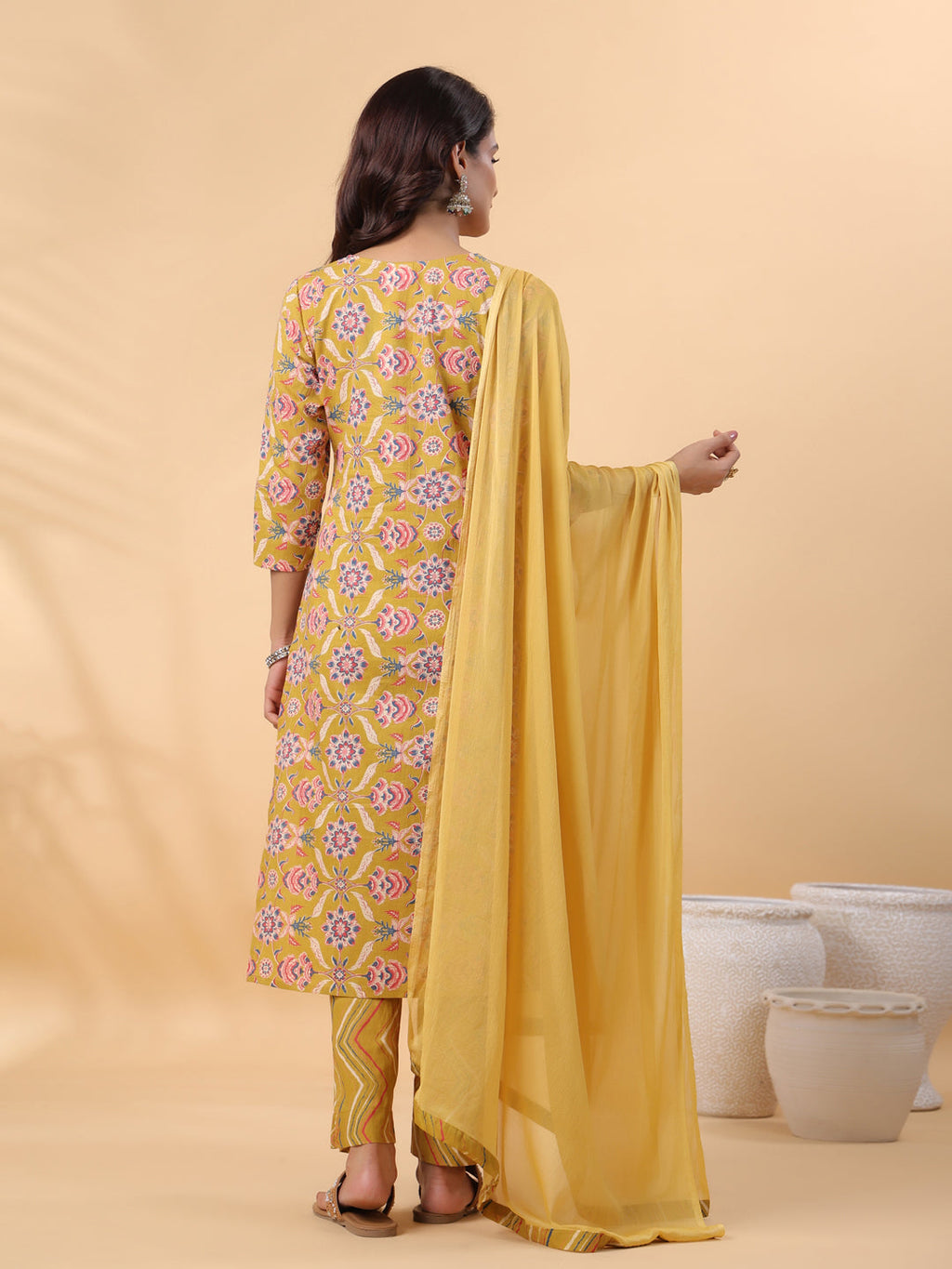 Janasya Straight Cambric Mustard Floral V-Neck Kurta,Bottom & Dupatta