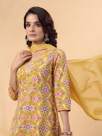 Janasya Straight Cambric Mustard Floral V-Neck Kurta,Bottom & Dupatta