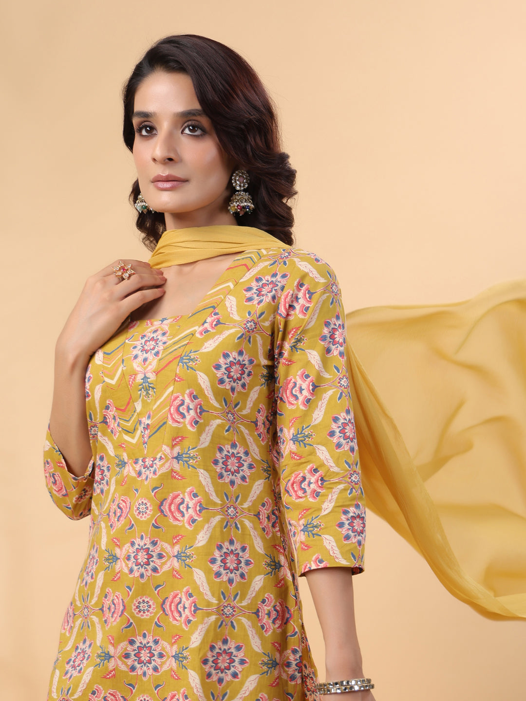 Janasya Straight Cambric Mustard Floral V-Neck Kurta,Bottom & Dupatta