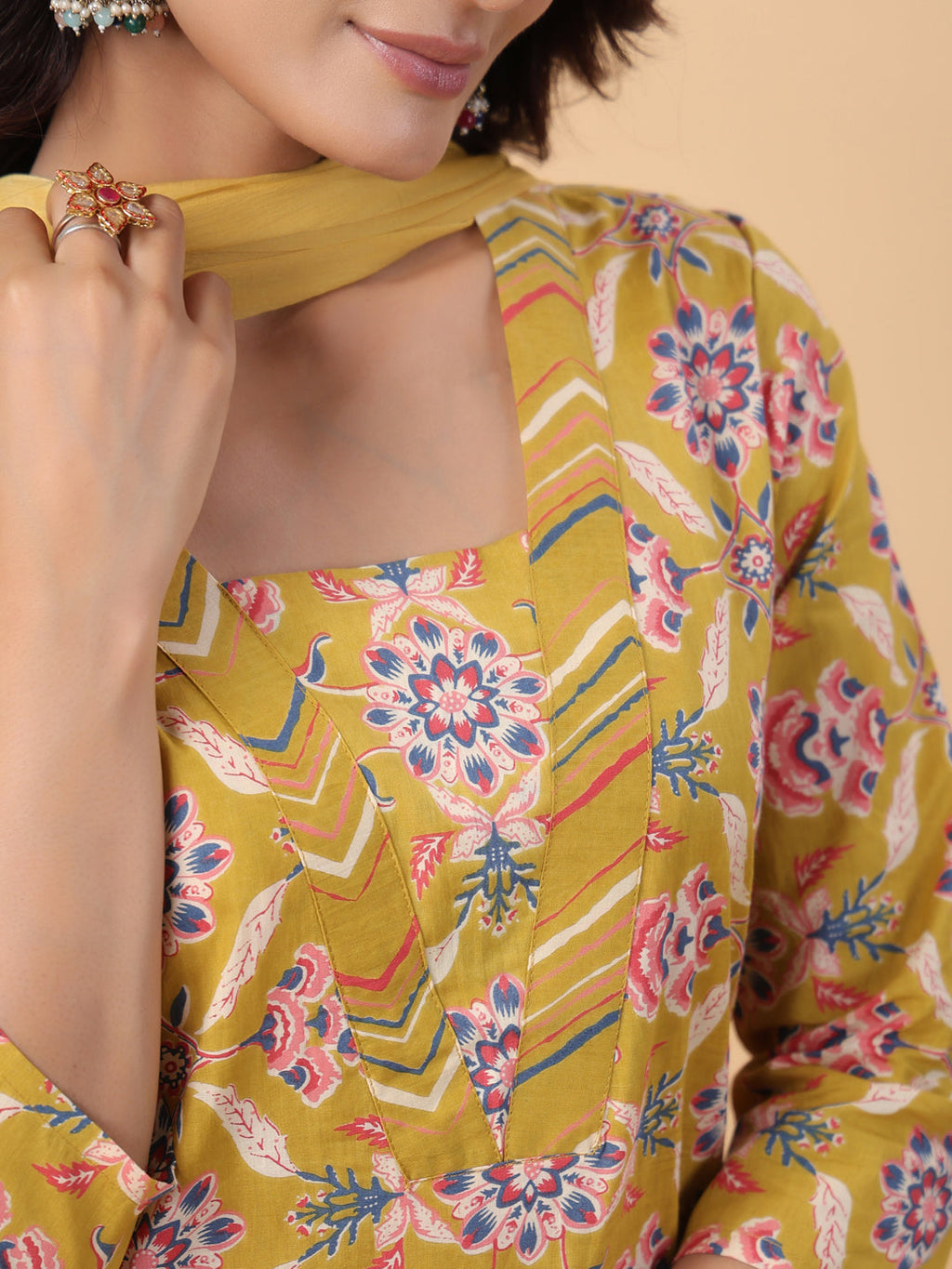 Janasya Straight Cambric Mustard Floral V-Neck Kurta,Bottom & Dupatta