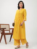 Janasya A-Line Muslin Yellow Embroidered V-Neck with Band Collar Kurta & Bottom