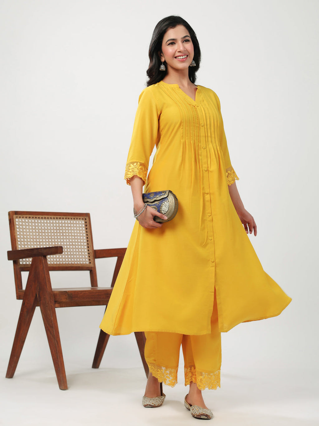 Janasya A-Line Muslin Yellow Embroidered V-Neck with Band Collar Kurta & Bottom