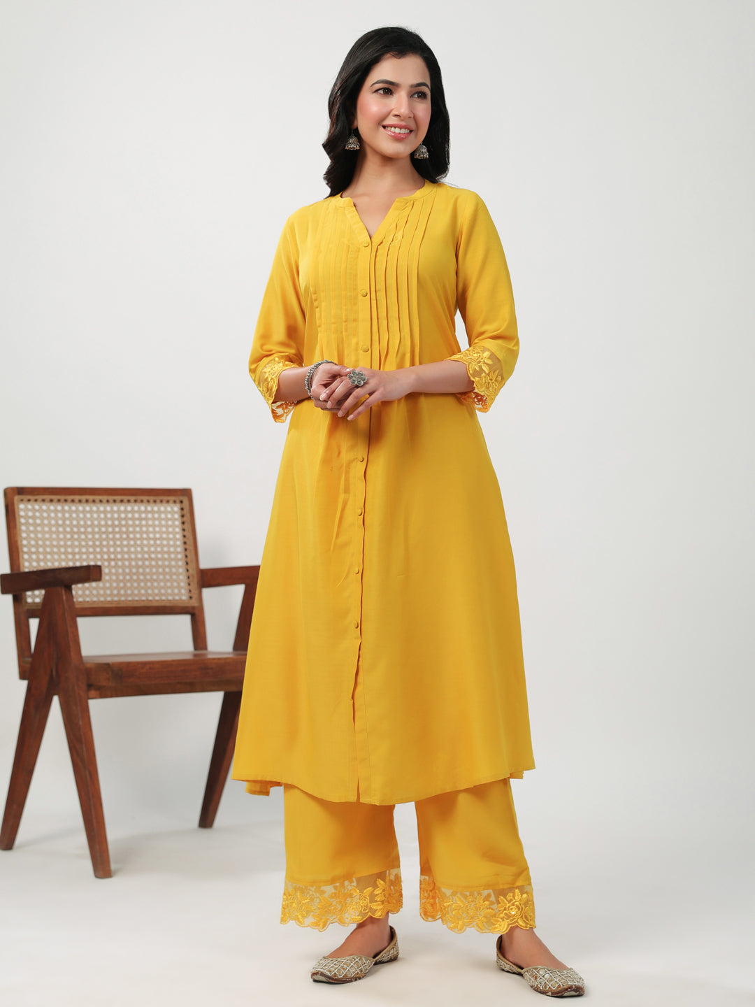 Janasya A-Line Muslin Yellow Embroidered V-Neck with Band Collar Kurta & Bottom