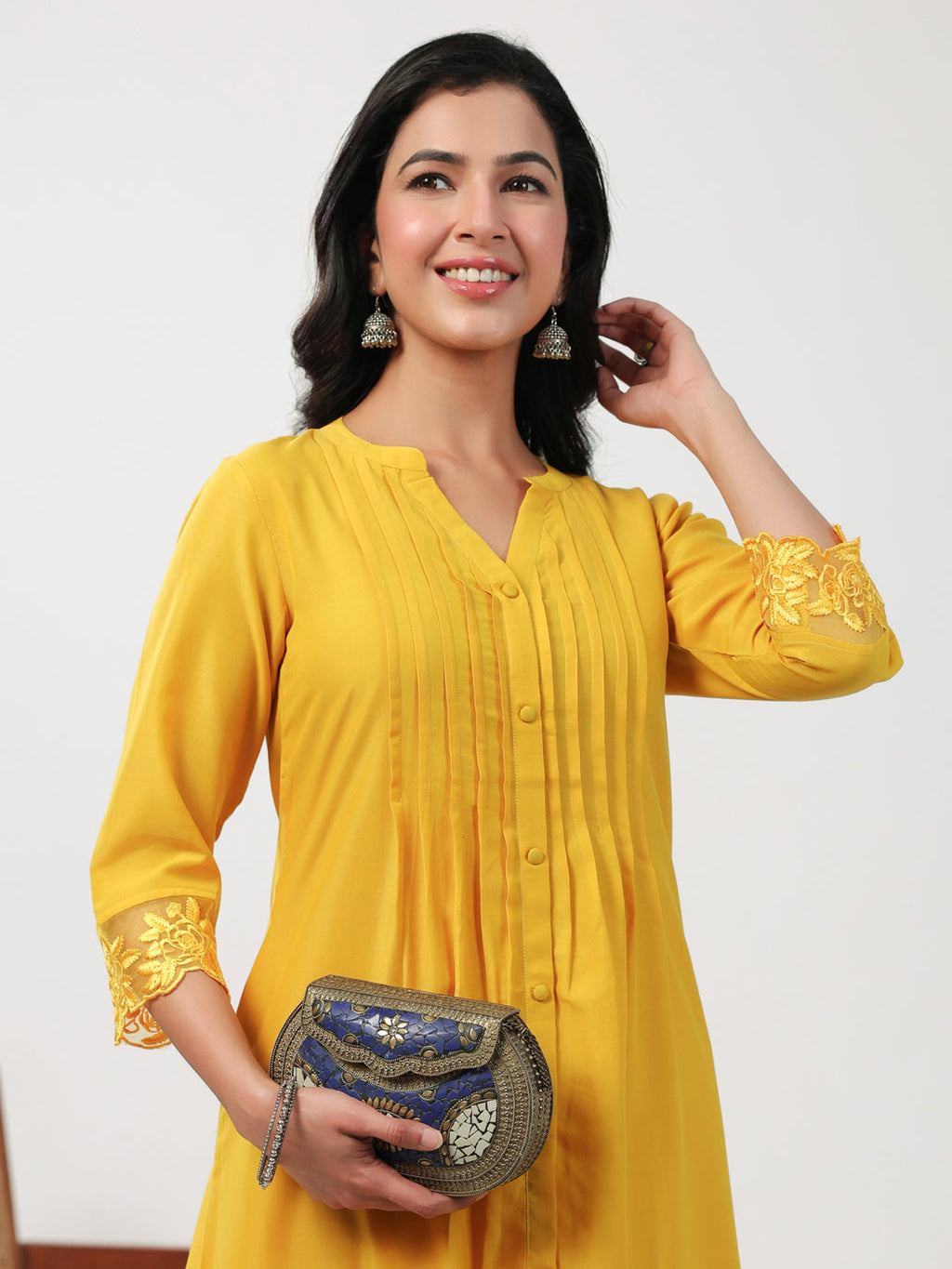 Janasya A-Line Muslin Yellow Embroidered V-Neck with Band Collar Kurta & Bottom