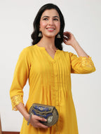 Janasya A-Line Muslin Yellow Embroidered V-Neck with Band Collar Kurta & Bottom