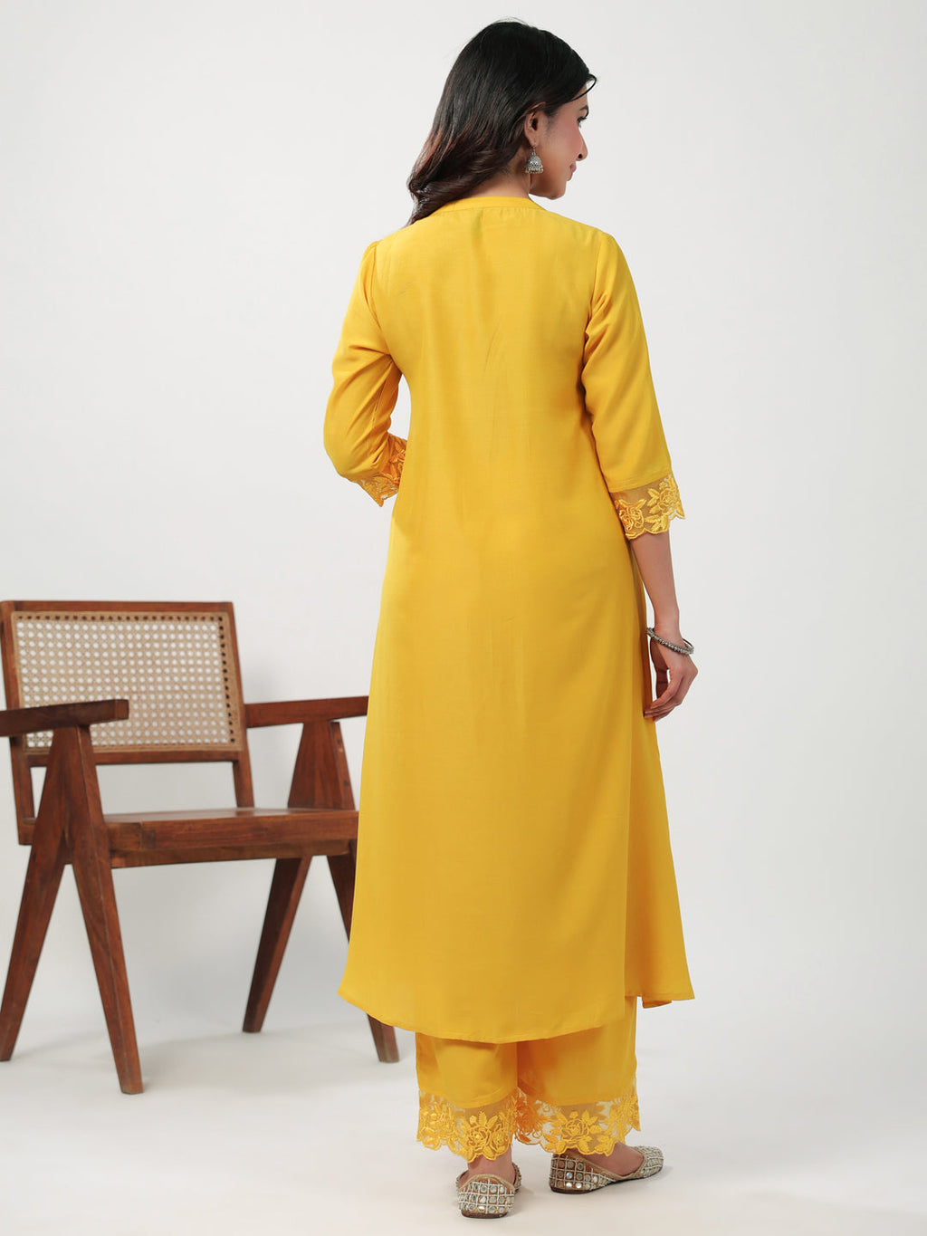 Janasya A-Line Muslin Yellow Embroidered V-Neck with Band Collar Kurta & Bottom