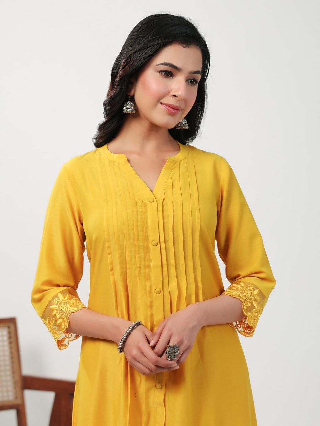 Janasya A-Line Muslin Yellow Embroidered V-Neck with Band Collar Kurta & Bottom