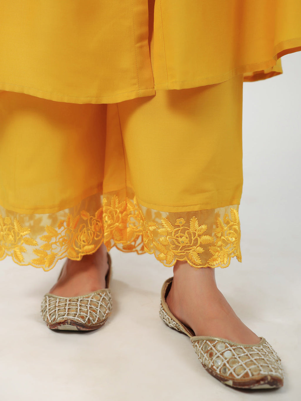 Janasya A-Line Muslin Yellow Embroidered V-Neck with Band Collar Kurta & Bottom