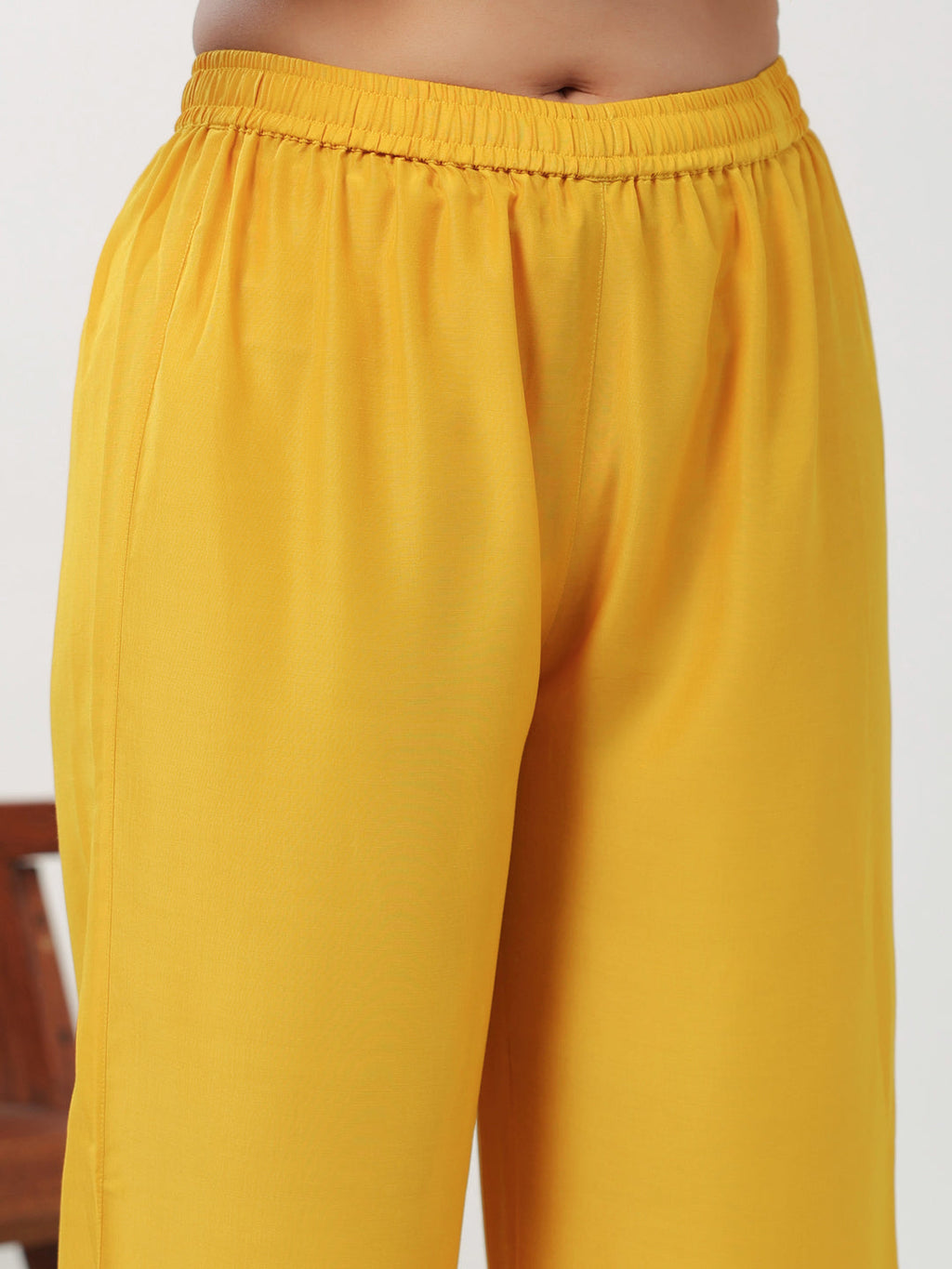 Janasya A-Line Muslin Yellow Embroidered V-Neck with Band Collar Kurta & Bottom