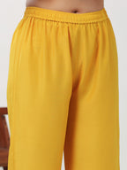Janasya A-Line Muslin Yellow Embroidered V-Neck with Band Collar Kurta & Bottom