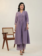 Janasya A-Line Muslin Lavender Solid V-Neck with Band Collar Kurta & Bottom