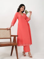Janasya Angrakha Muslin Peach Solid V-Neck Kurta & Bottom
