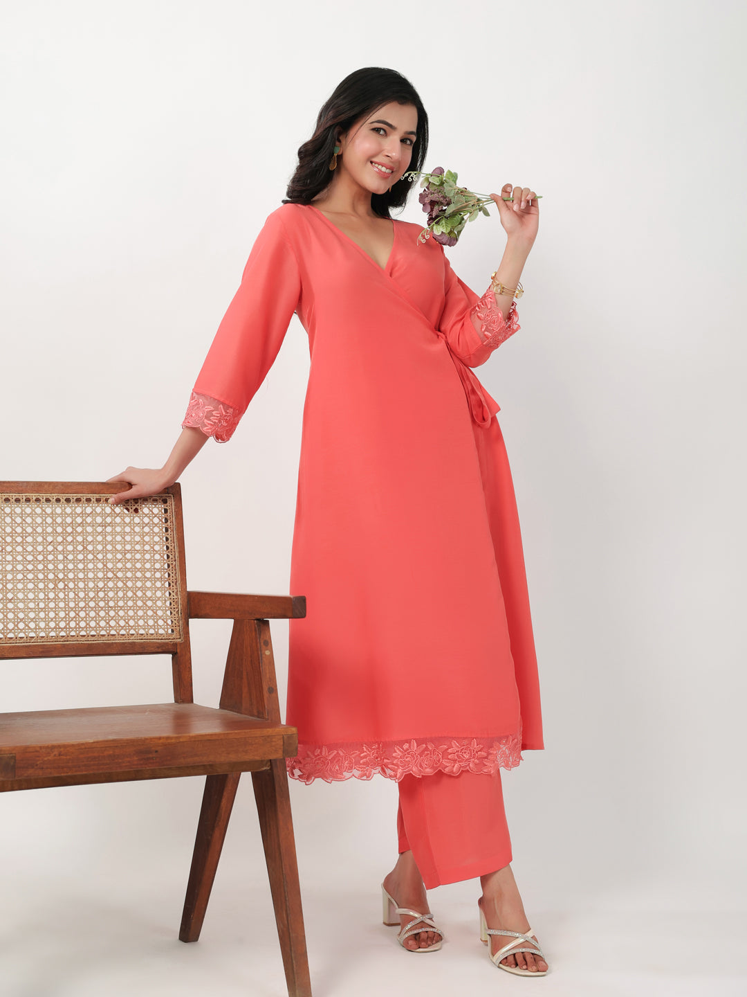 Janasya Angrakha Muslin Peach Solid V-Neck Kurta & Bottom