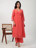 Janasya Angrakha Muslin Peach Solid V-Neck Kurta & Bottom