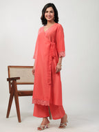 Janasya Angrakha Muslin Peach Solid V-Neck Kurta & Bottom
