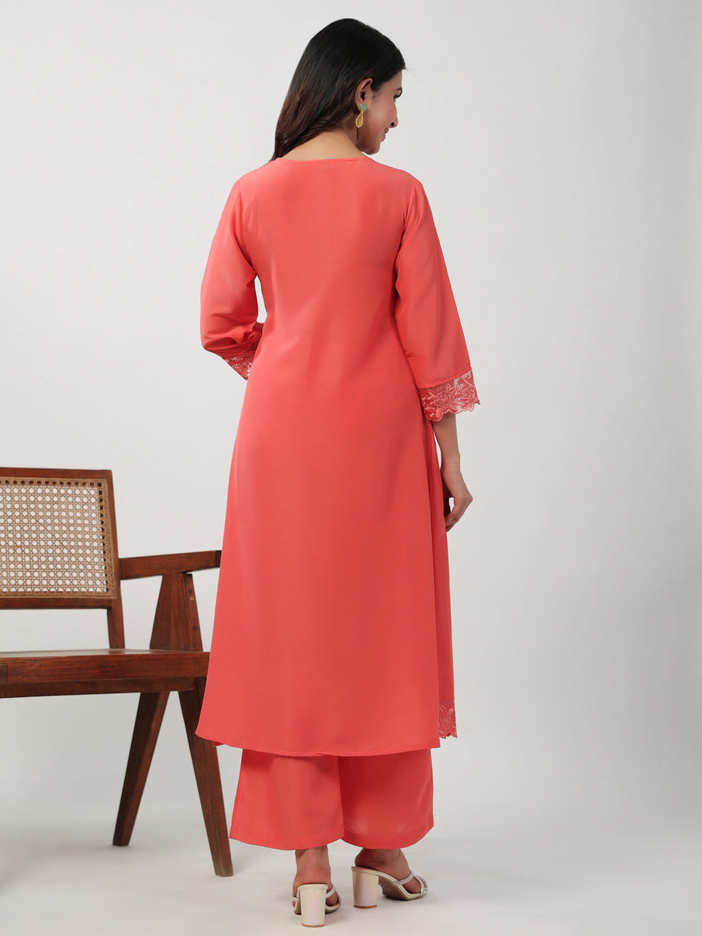 Janasya Angrakha Muslin Peach Solid V-Neck Kurta & Bottom