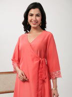 Janasya Angrakha Muslin Peach Solid V-Neck Kurta & Bottom