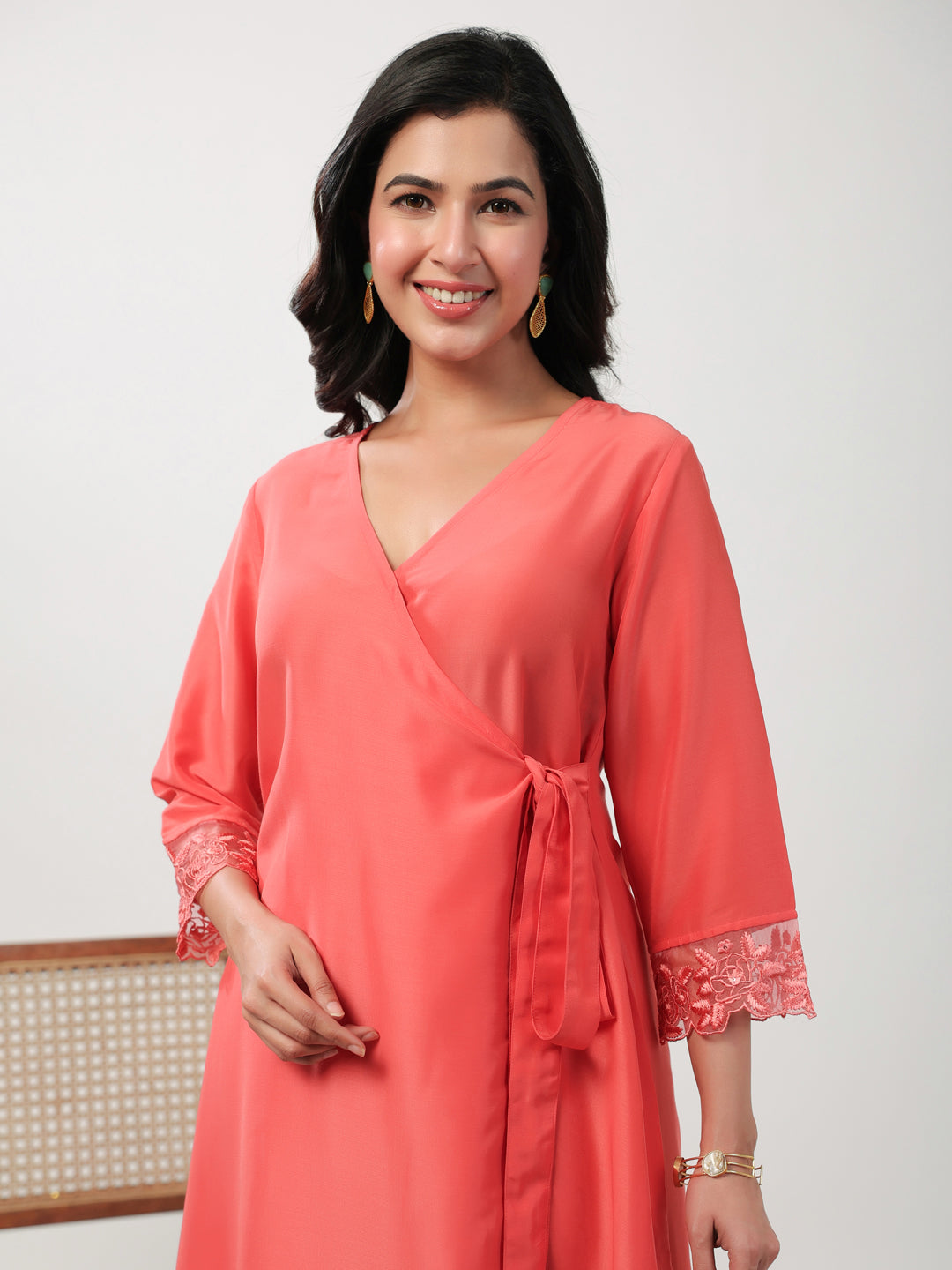 Janasya Angrakha Muslin Peach Solid V-Neck Kurta & Bottom