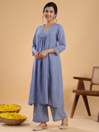 Janasya Gathering Muslin Blue Solid V-Neck Set