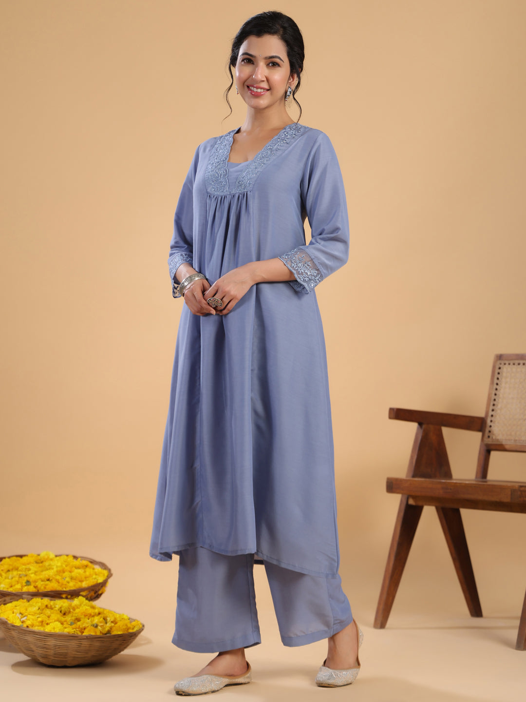 Janasya Gathering Muslin Blue Solid V-Neck Set