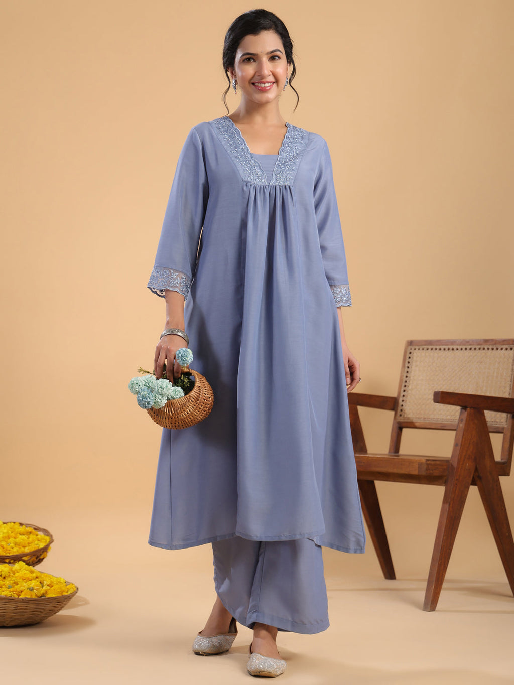 Janasya Gathering Muslin Blue Solid V-Neck Set