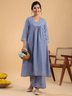 Janasya Gathering Muslin Blue Solid V-Neck Set