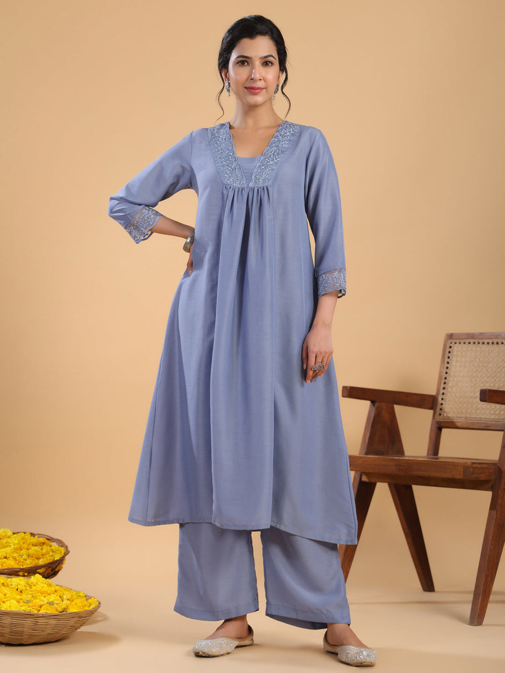 Janasya Gathering Muslin Blue Solid V-Neck Set