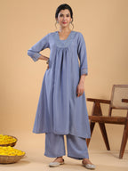 Janasya Gathering Muslin Blue Solid V-Neck Set