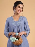 Janasya Gathering Muslin Blue Solid V-Neck Set