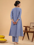 Janasya Gathering Muslin Blue Solid V-Neck Set