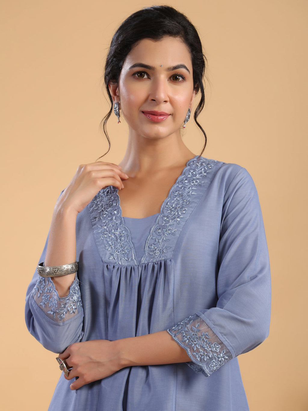 Janasya Gathering Muslin Blue Solid V-Neck Set
