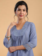 Janasya Gathering Muslin Blue Solid V-Neck Set