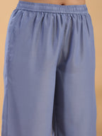 Janasya Gathering Muslin Blue Solid V-Neck Set
