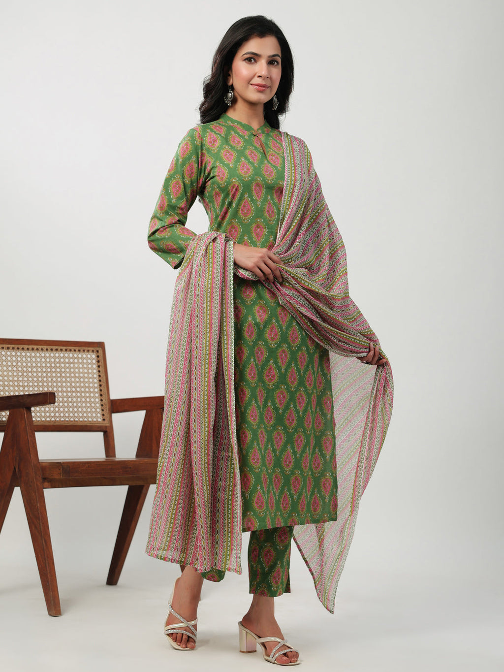 Janasya Green Cambric Ethnic Motifs Kurta,Bottom & Dupatta