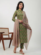 Janasya Green Cambric Ethnic Motifs Kurta,Bottom & Dupatta