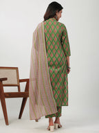 Janasya Green Cambric Ethnic Motifs Kurta,Bottom & Dupatta