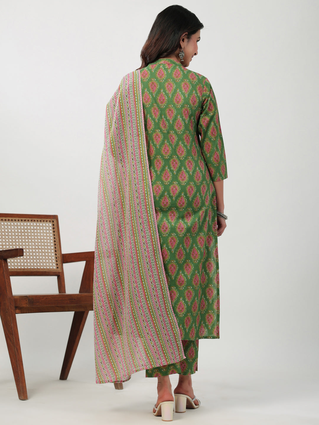 Janasya Green Cambric Ethnic Motifs Kurta,Bottom & Dupatta