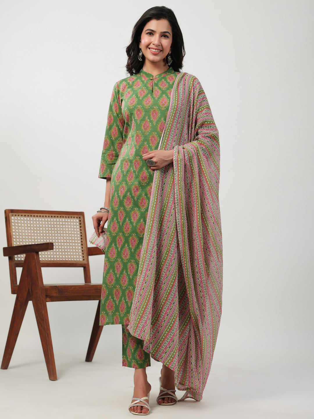 Janasya Green Cambric Ethnic Motifs Kurta,Bottom & Dupatta