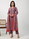 Janasya Straight Cambric Red Ethnic Motifs V-Neck Set