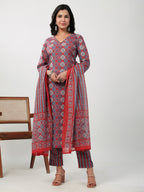 Janasya Straight Cambric Red Ethnic Motifs V-Neck Set