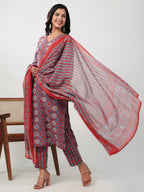 Janasya Straight Cambric Red Ethnic Motifs V-Neck Set