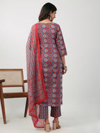 Janasya Straight Cambric Red Ethnic Motifs V-Neck Set
