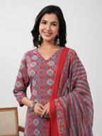 Janasya Straight Cambric Red Ethnic Motifs V-Neck Set