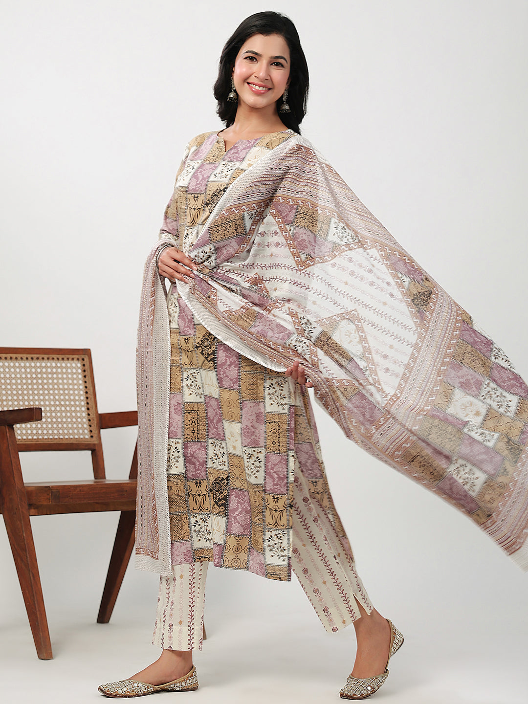 Janasya Regular Cambric Multicolour mix match Notch Neck Set