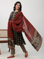 Janasya Straight Cambric Black Ethnic Motifs Round Neck Set