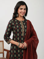 Janasya Black Cambric Ethnic Motifs Set