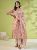 Janasya Straight Cambric Off White Floral V-Neck Set