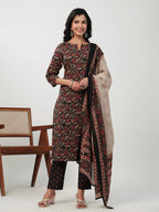 Janasya Straight Cambric Black Floral Notch Neck Kurta,Bottom & Dupatta