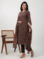 Janasya Straight Cambric Black Floral Notch Neck Kurta,Bottom & Dupatta